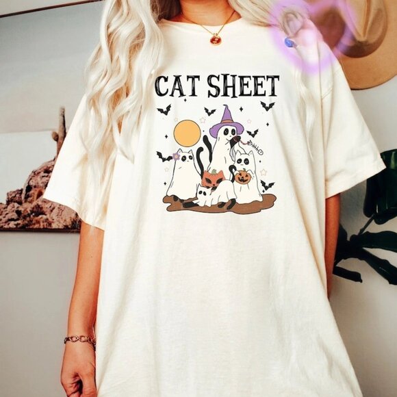 Tops - Cat Halloween, Ghost And Cat, Halloween Cat Shirt, Fall Shirt